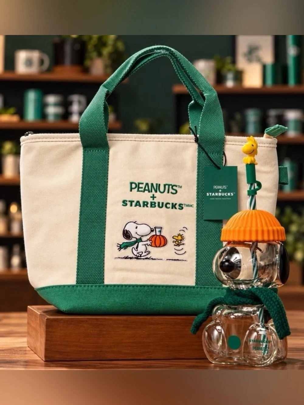 🔥Bundle: Peanuts x Starbucks Mini Tote Bag + Snoopy glass cup+Snoopy Mug